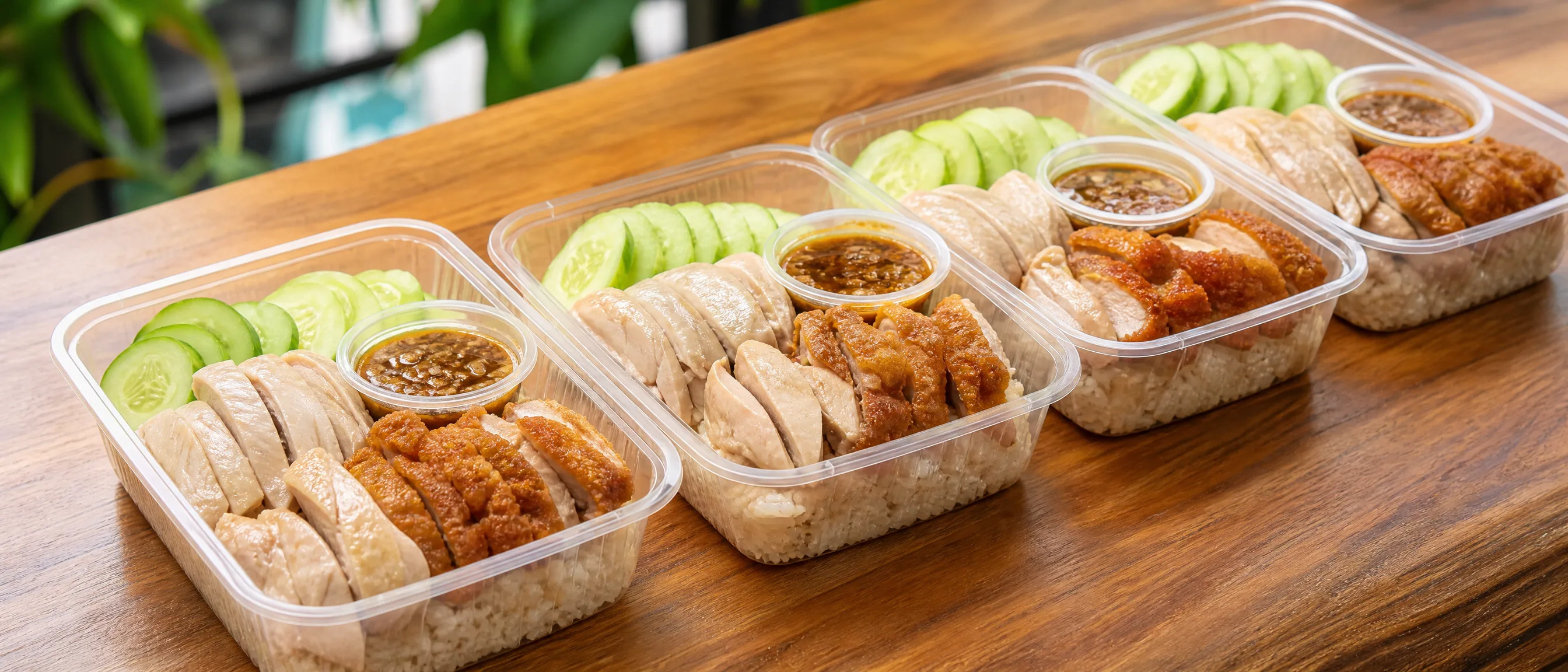 ข้าวมันไก่ข้าวกล่อง กล่องละ 50 บาท เรียงบนโต๊ะไม้พร้อมน้ำจิ้ม