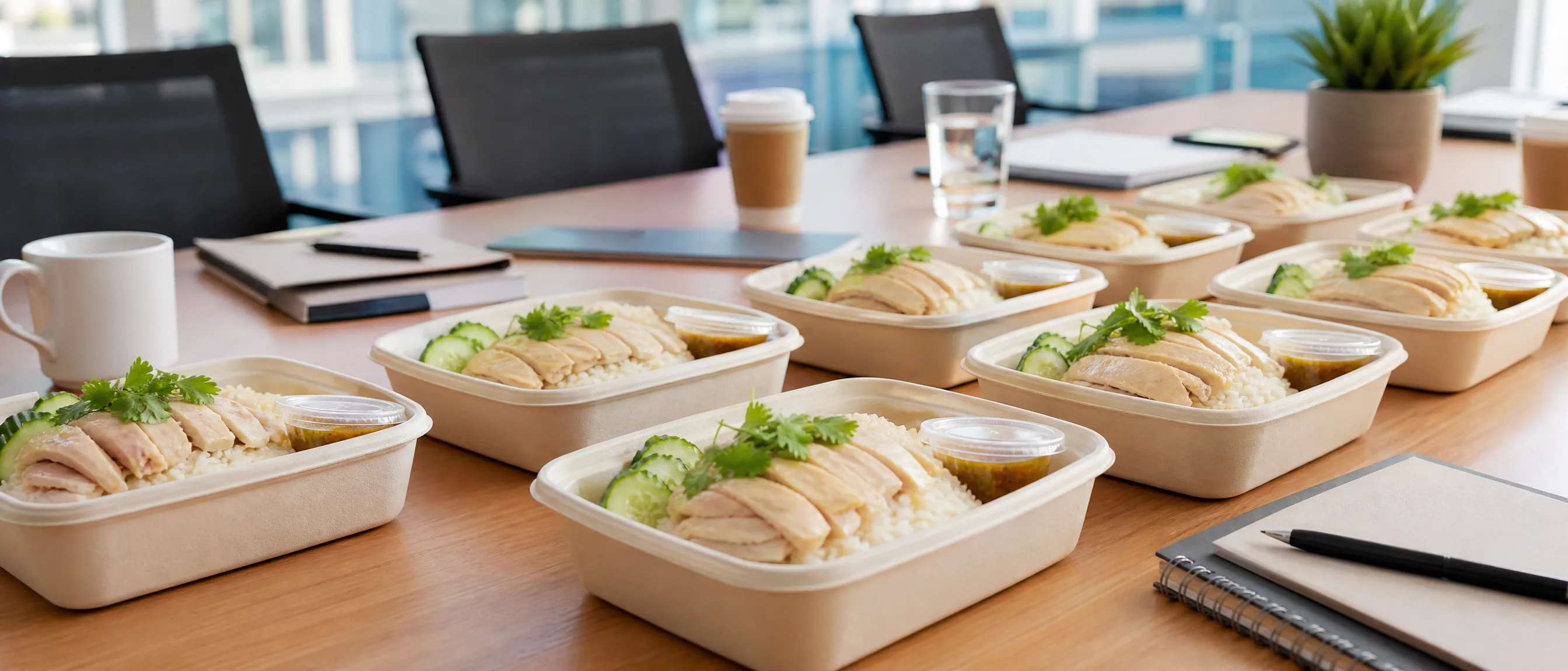 ข้าวกล่องข้าวมันไก่จัดวางบนโต๊ะห้องประชุมออฟฟิศย่านรังสิต