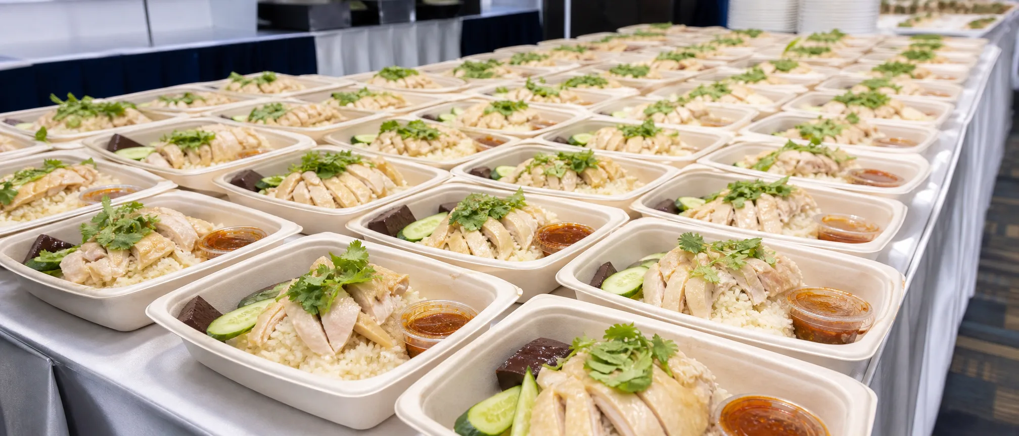 ข้าวกล่องข้าวมันไก่จำนวนมากจัดวางบนโต๊ะสำหรับงานอบรมสัมมนาในปทุมธานี